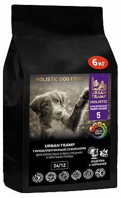 URBAN TRAMP (BIOXYMIN) – Полнорационный гипоаллергенный сухой корм «HOLISTIC» класса для взрослых собак средних и крупных пород с индейкой и черникой, 24/12.