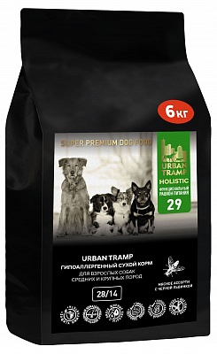 URBAN TRAMP – Полнорационный гипоаллергенный сухой корм «SUPER PREMIUM» класса мясное ассорти с энтомопротеином (черная львинка) для взрослых собак средних и крупных пород, 28/14