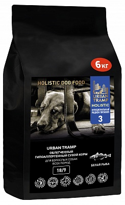 URBAN TRAMP - Полнорационный облегченный гипоаллергенный сухой корм «HOLISTIC» класса с белой рыбой для взрослых собак всех пород, 18/9