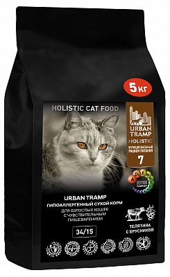 URBAN TRAMP (BIOXYMIN) — Полнорационный гипоаллергенный сухой корм «HOLISTIC» класса для взрослых кошек с чувствительным пищеварением с телятиной и брусникой, 34/15