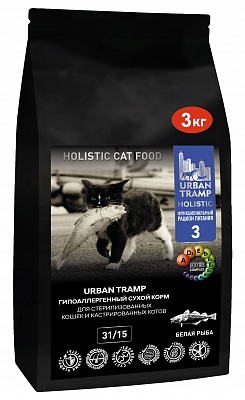 URBAN TRAMP (BIOXYMIN) — Полнорационный гипоаллергенный сухой корм «HOLISTIC» класса для стерилизованных кошек и кастрированных котов с белой рыбой, 31/15