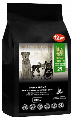 URBAN TRAMP – Полнорационный гипоаллергенный сухой корм «SUPER PREMIUM» класса мясное ассорти с энтомопротеином (черная львинка) для взрослых собак средних и крупных пород, 28/14