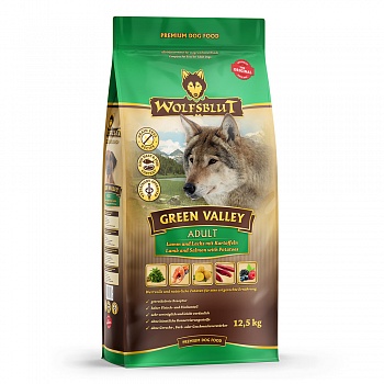 Wolfsblut Green Valley Adult (Зеленая долина) - Сухой корм для взрослых собак с мясом ягненка и лосося.  Белок: 30%, Жир: 18%.
