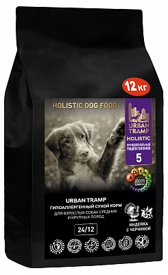 URBAN TRAMP (BIOXYMIN) – Полнорационный гипоаллергенный сухой корм «HOLISTIC» класса для взрослых собак средних и крупных пород с индейкой и черникой, 24/12.