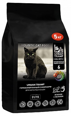 URBAN TRAMP (BIOXYMIN) — Полнорационный гипоаллергенный сухой корм «HOLISTIC» класса для взрослых кошек с ягненком и яблоком, 31/15